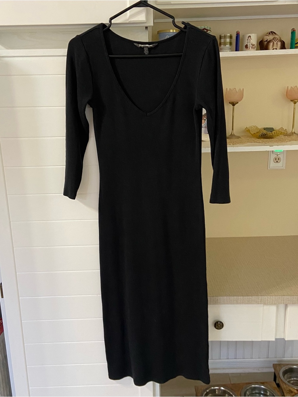 Y2K Black Ribbed V-Neck Midi Dress